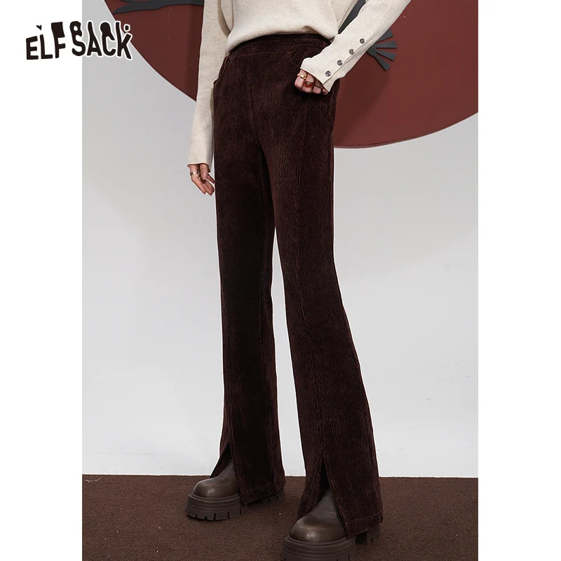 

ELFSACK Chenille Wine Red Flare Pants Women 2023 Winter High Waist Knitted Bottoms