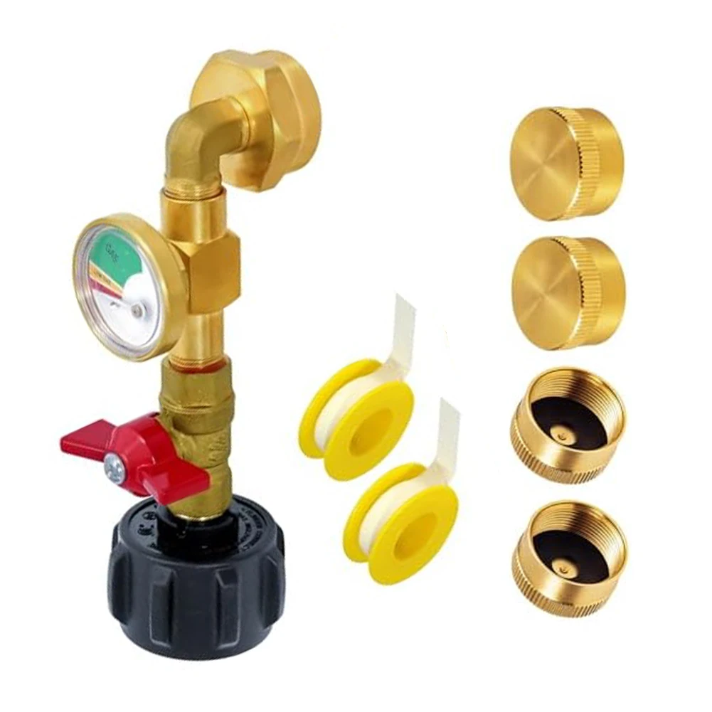 Refill Adapter for 1 lb Propane Tanks Constructed from Brass with Integrated 3-Color Gauge for Propane Level Monitoring