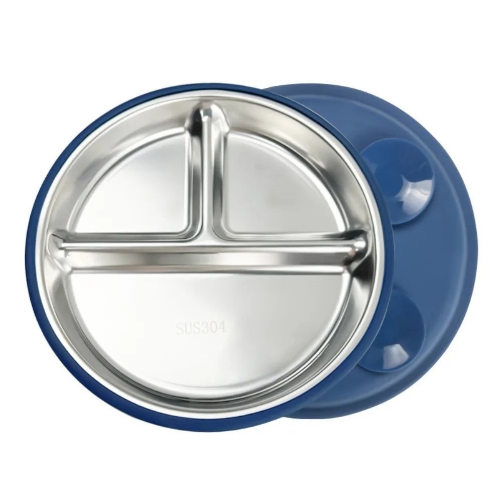 

Divided Design Suction Cup Kids Plates 304 Stainless Steel Safe Material Children 3 Grids Dishes Non-Slip Anti-fall