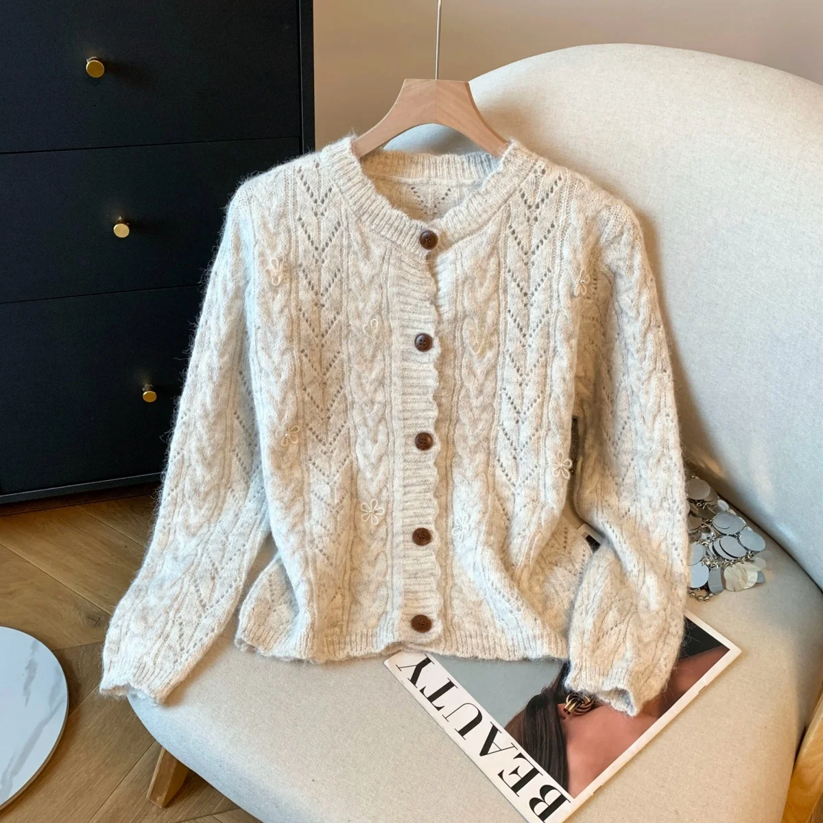 

Модный вязаный открытый кардиган с кружевным воротником, женский круглый свитер Ne, универсальный свитер Agel, осень-зима, Ne...