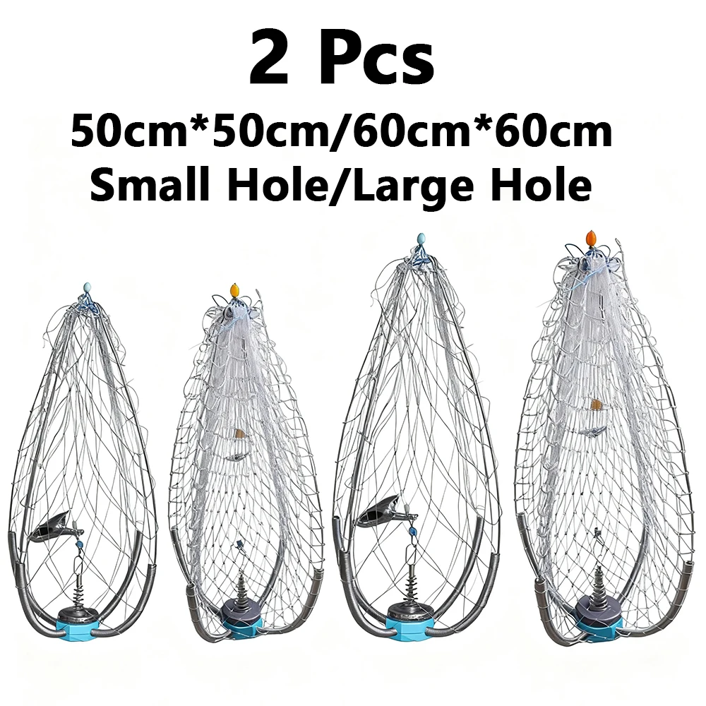 2 Pcs New Automatic Unfolding Crab Cages, Steel Wire Spring Shrimp Cage Fishing Nets, 50cm-60cm Specifications