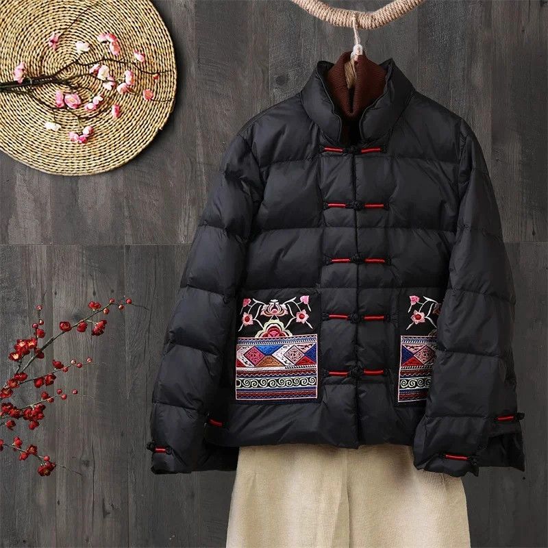 Chinese Style Vintage Women Embroidered Buckle Down Coat Ladies Light White Duck Down Jacket Parkas Warm Short Puffer Outwears