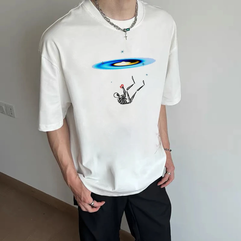 تي شيرت نسائي من Fun Star Skull Drop Print قطني بأكمام قصيرة تي شيرت صيفي كاجوال فضفاض كبير الحجم ملابس نسائية للشارع #1