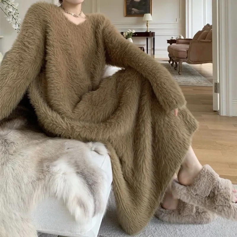 Damen Flauschiger Plüsch-Pulloverkleid V-Ausschnitt Locker Langes Maxikleid Dick Warm Lässige Loungewear für Herbst Winter