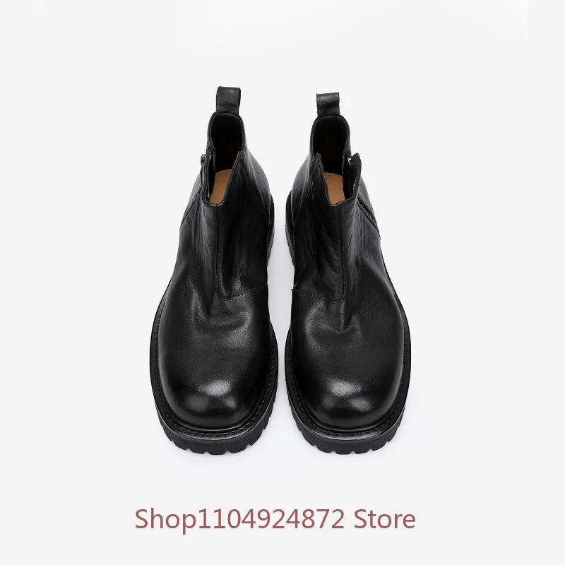 Luxury Vintage Men Full‑Grain Leather Ankle Boots Washed Cowhide Thick Sole Side Zipper Genuine Leather Chelsea Boots Men Shoes