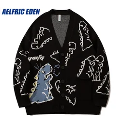 Aelfric Eden Dinosaur Cartoon Pattern Knit Cardigan Sweater Vintage Hip Hop Knitted Sweater Retro Casual Wool Hipster Streetwear