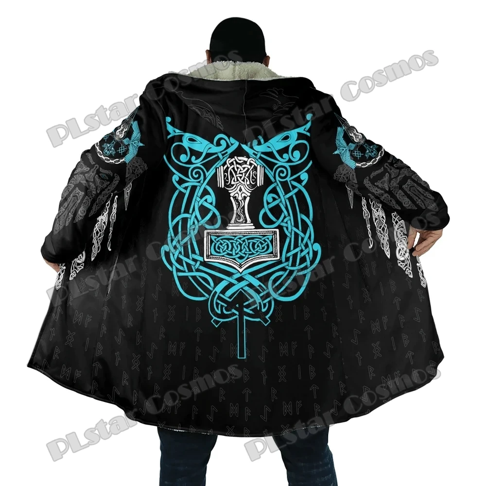 

Blue Neon Tattoo Symbols With Warrior 3D Printed Men's Sherpa Lined Cloak Winter Unisex Casual Thick Warm Hooded Coat PF141