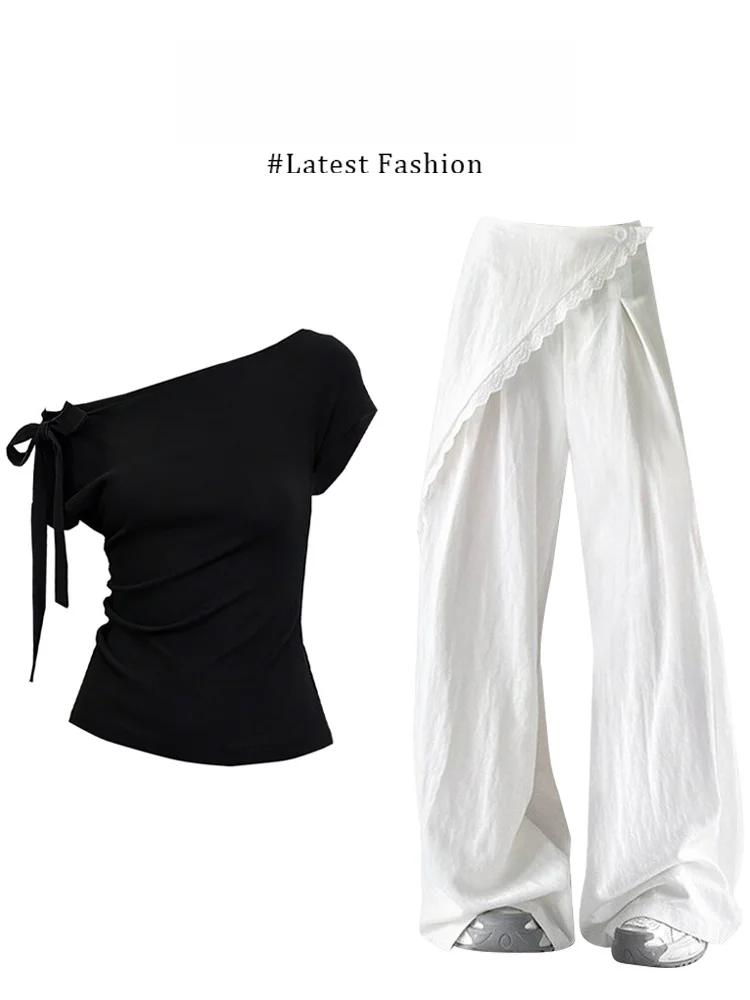 Slim Fit Short Sleeve T-Shirt Women's Summer New Style Lace Side Slit Pants Set Fashionable Pleated Design by MARIE. 