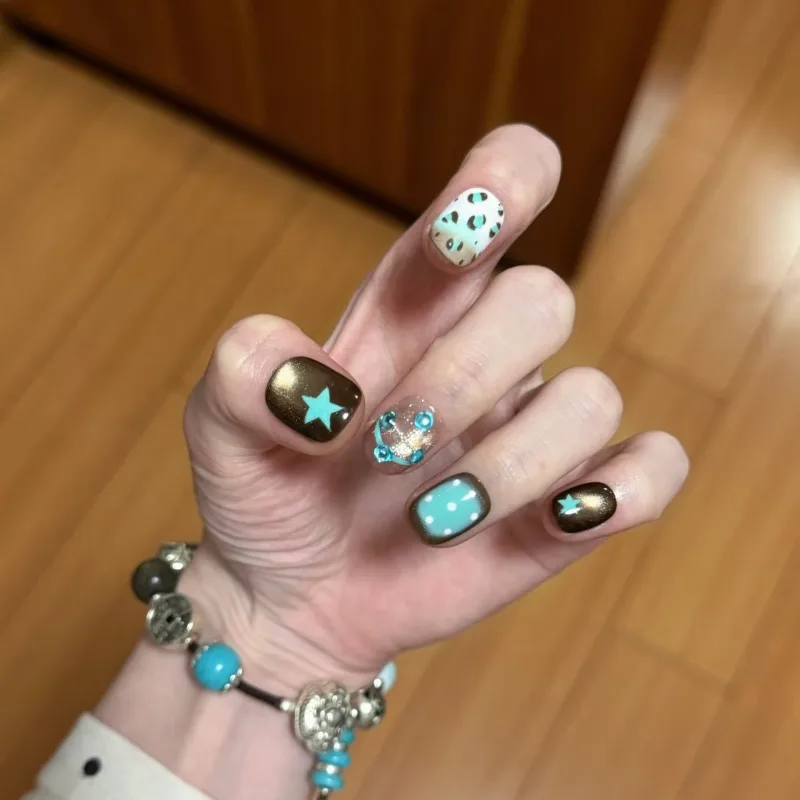 10PCS Coffee Brown Cyan Star Leopard Print Y2k Short Squoval Handmade Press on Nails Mint Blue Glitter Rhinestone False Nails
