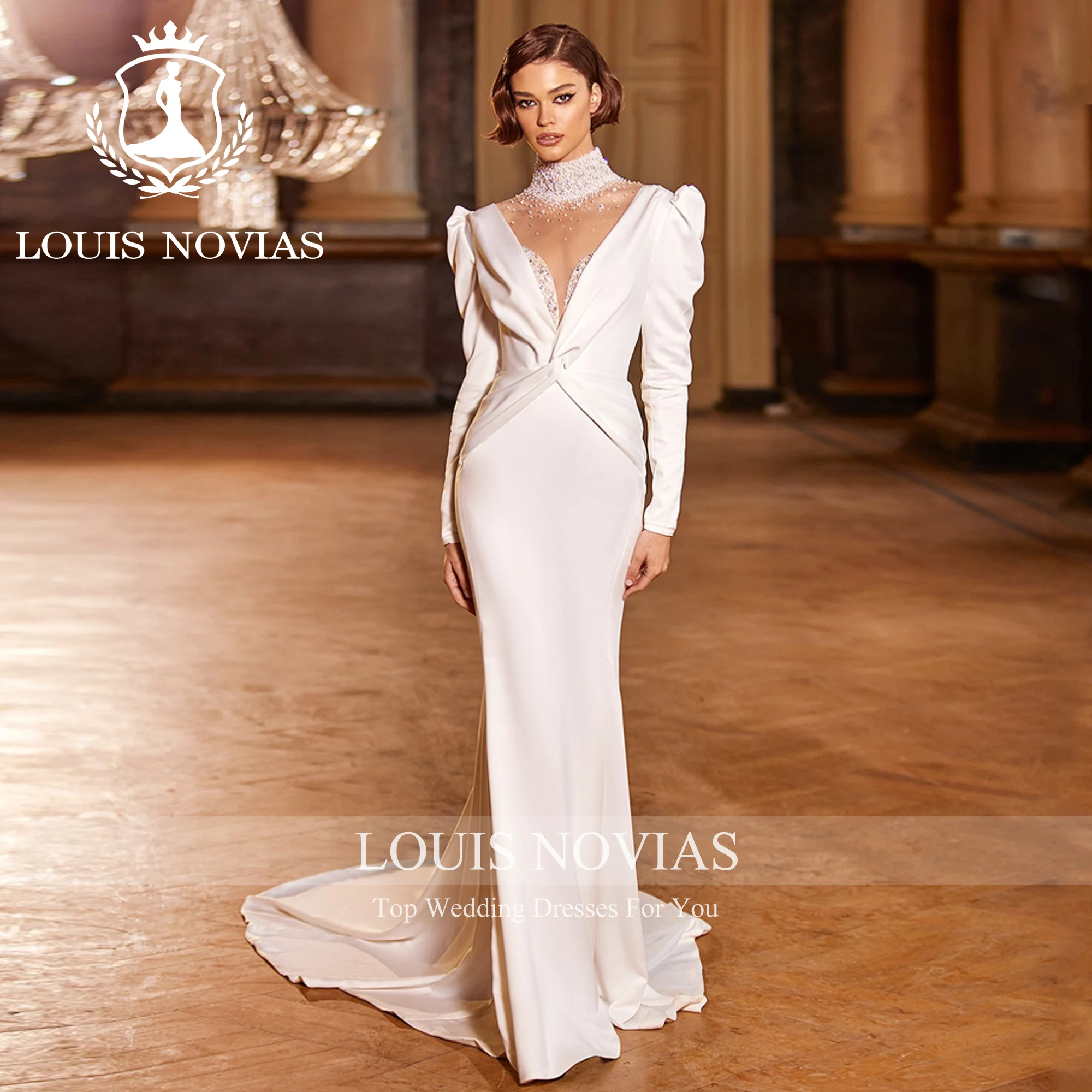 LOUIS NOVIAS Luxury Mermaid Long Sleeve Wedding Dress Sexy Halter Invisible Neckline Beading Slim Wedding Gown Vestidos De Novia