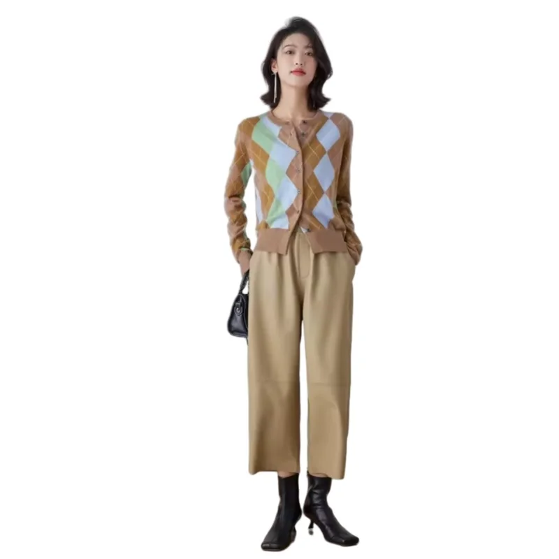 Women's Leather Pants, Ankle Length, Genuine Sheepskin Pants, Wide Leg Haren Pants, Elastic Waist, Spring and Autumn