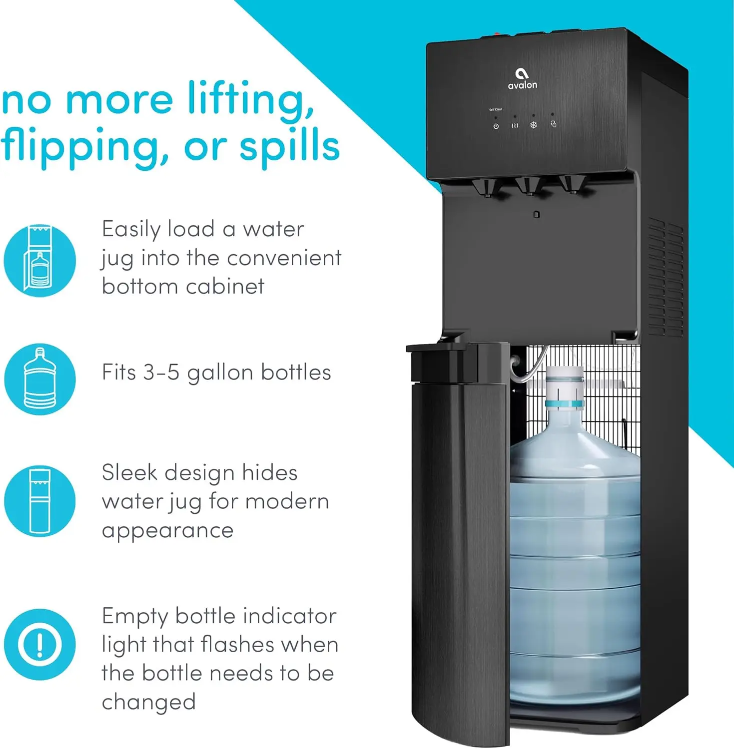 Self Cleaning Bottom Loading Water Cooler Dispenser, 3 Temperature-UL/Energy Star Approved-Black Stainless Steel, 5