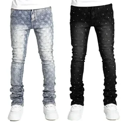 Personality Stacked Jeans for Men Slim Fit Stretchy Pearls Denim Laminated Pants for Men Fashion Straight Man's New Jeans
