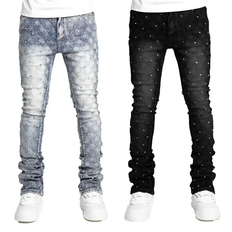 Personality Stacked Jeans for Men Slim Fit Stretchy Pearls Denim Laminated Pants for Men Fashion Straight Man's New Jeans