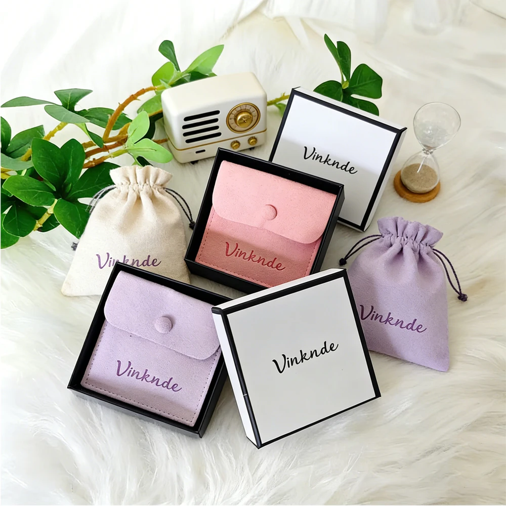 

24/50/100set White Black Paper Jewelry Gift Box with Suede Snap Pouch Personalized Logo Chic Jewellry Ring Earring Organizer Bag