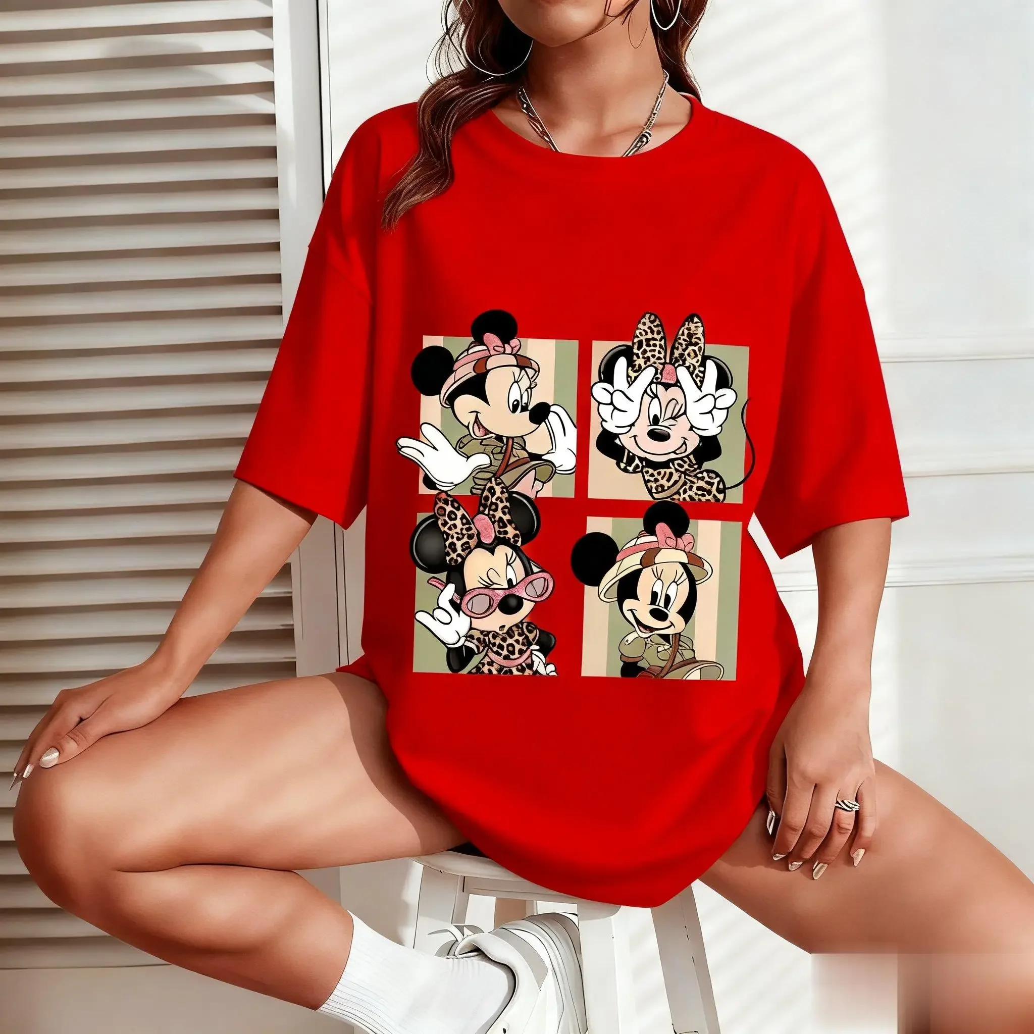 

Женская футболка с короткими рукавами и принтом Минни Маус, свободные хлопковые футболки с рисунком, летние повседневные уличные футболки, модная одежда Диснея