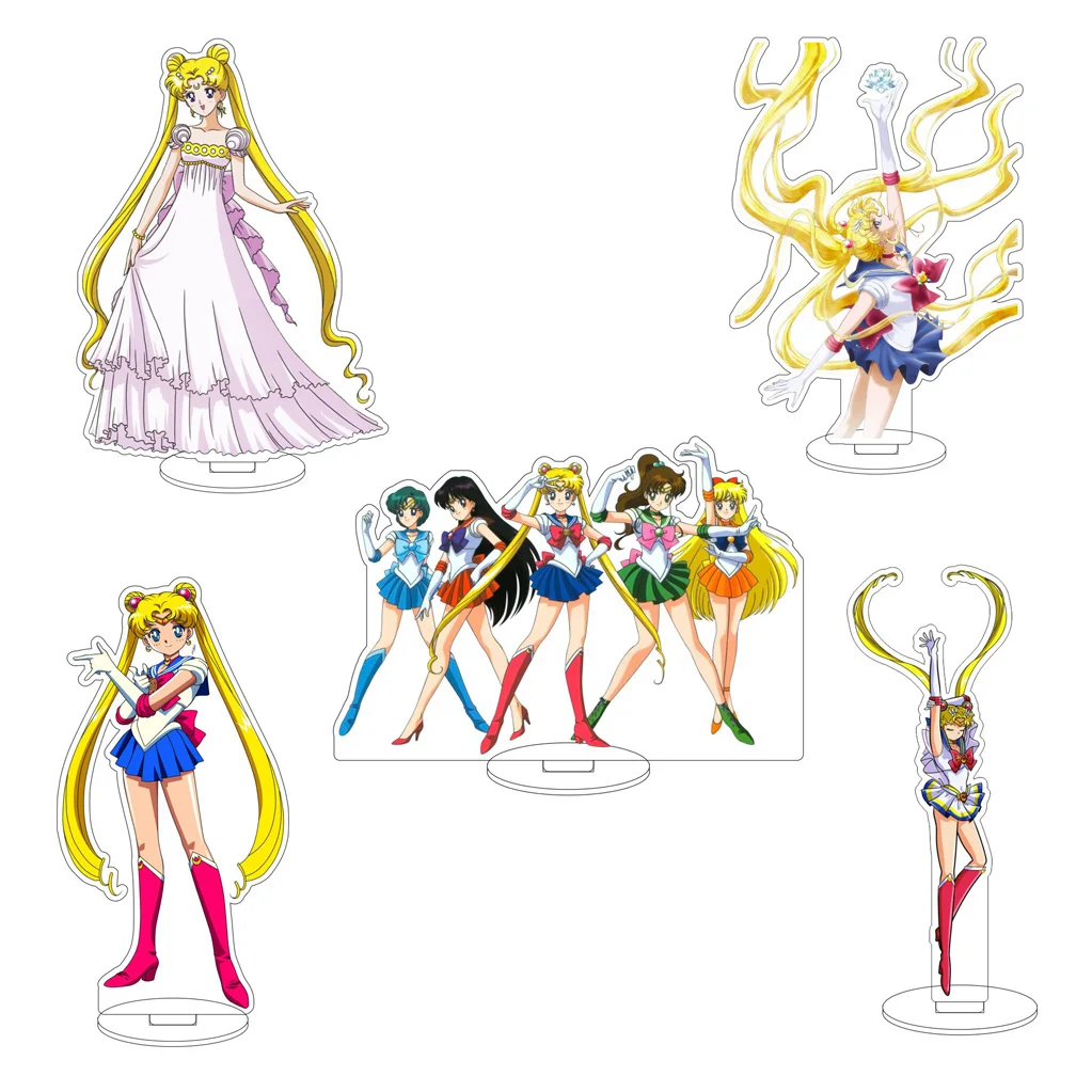 Figura de Acrílico de 16CM de Personagens de Anime: Minako Aino, Tsukino Usagi, Ami Mizuno, Hino Rei, Kino Makoto, Pequenas Figuras Femininas para Cosplay, Suporte e Enfeites, Presentes