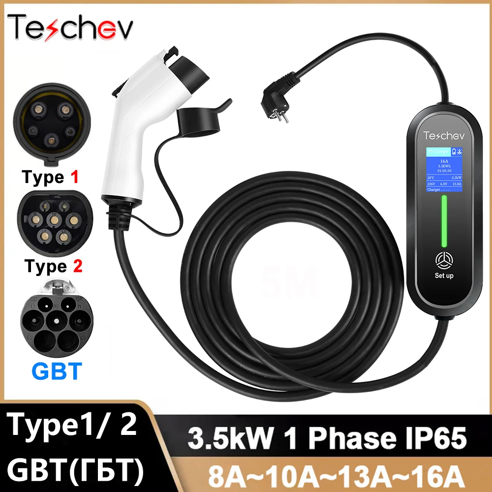 Teschev-cargador portátil EV Type1 de 220V, Cable de carga de 16A, GBT Wallbox EVSE Type2, estaciones de carga para vehículo eléctrico