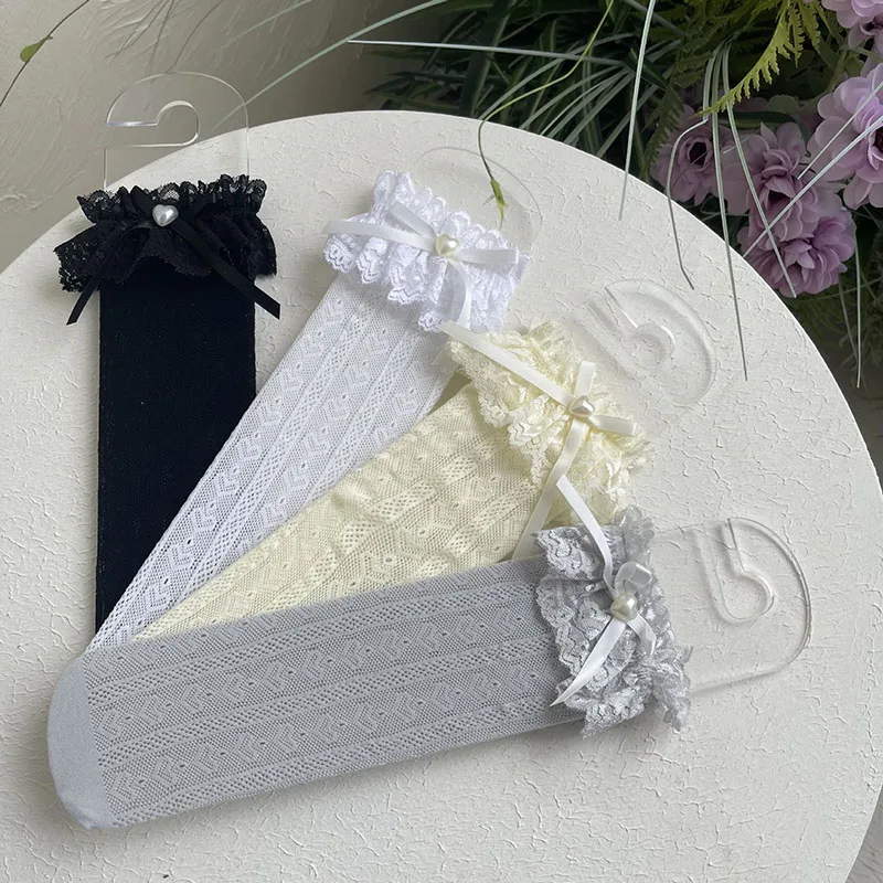 Neue Sommer Mädchen Spitzensocken 2-10 Jahre Dünne Schleife Liebevolle Baby Gestapelte Socken Einfarbige Kinder Kniestrümpfe
