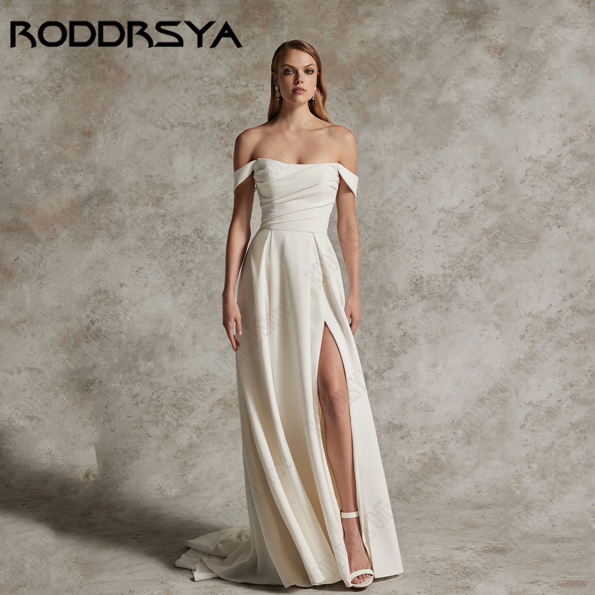 RODDRSYA Off Shoulder Bridal Gowns A-Line Simple Soft Satin Wedding Dresses With Side Slit Backless Buttons vestido Customized