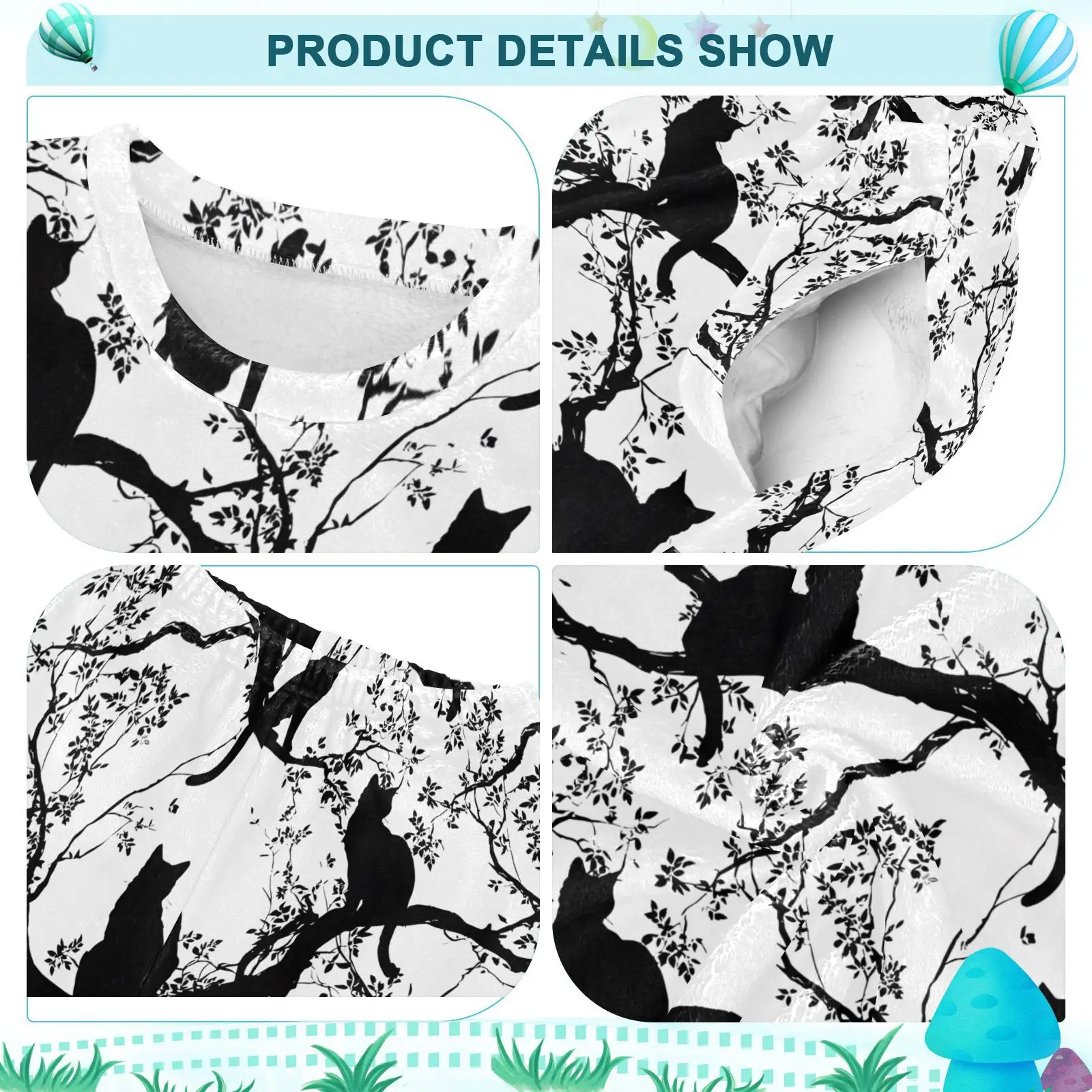 冬用長袖ソフトブラック猫プリントぬいぐるみパジャマセット女の子男の子用快適な子供用寝間着ナイトウェアラウンジウェア