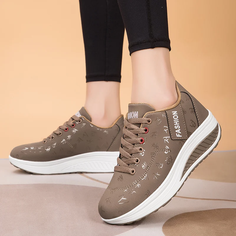 Size35-42 Women's Leather Rocker Sole Casual Shoes for Students | Comfortable Walking Sneakers with Arch Support