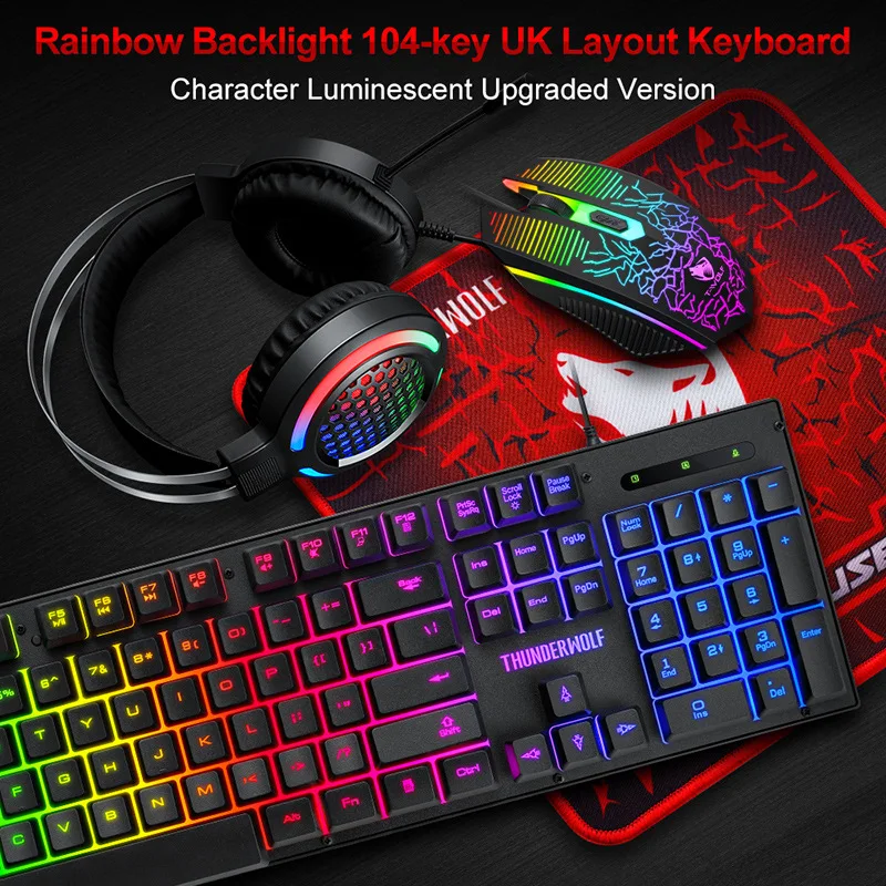 T-WOLF TF-400 Keyboard Mouse Earphones Mouse Pads 4-in-1 Glow Game Three Four Piece Set of Keyboard and Mouse Gaming Set