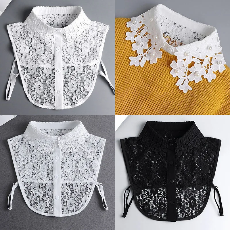 Collar falso bordado blanco para mujer, chal para hombros, cuello de camisa desmontable, cuello falso de encaje, solapa, accesorios para blusa