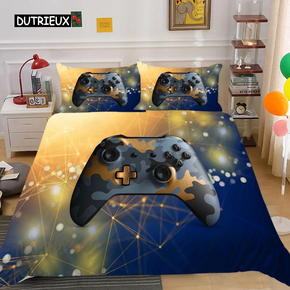 Gamepad Duvet Cover Set King Size for Kids Teens Boys Microfiber Soft Sky Galaxy Video Game Controller Gamepad Twin Bedding Set