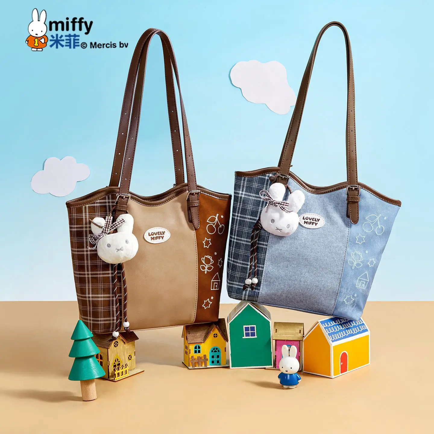 Miffy Totbao Join Together Interest Gridiron Pattern Autumn and Winter Fashion Be All-match Shuttle Service One Shoulder Bag New