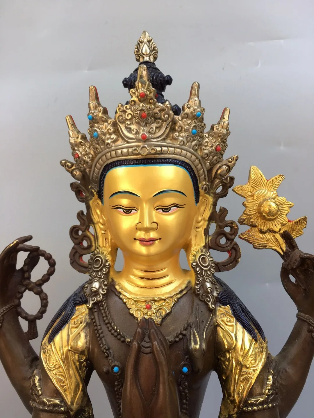 Nepalese Tibetan Old Yellow Copper Gilded Gold and Silver Pure Copper Four Armed Avalokitesvara Buddha Statue Decorations, Home