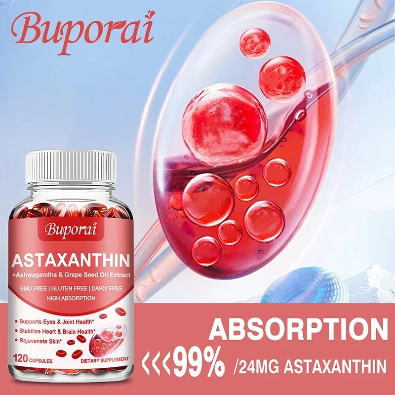 Cápsulas de astaxantina 24mg - com óleo de semente, Ashwagandha - apoia cardiovascular, olhos, articulações, saúde da pele, antioxidante