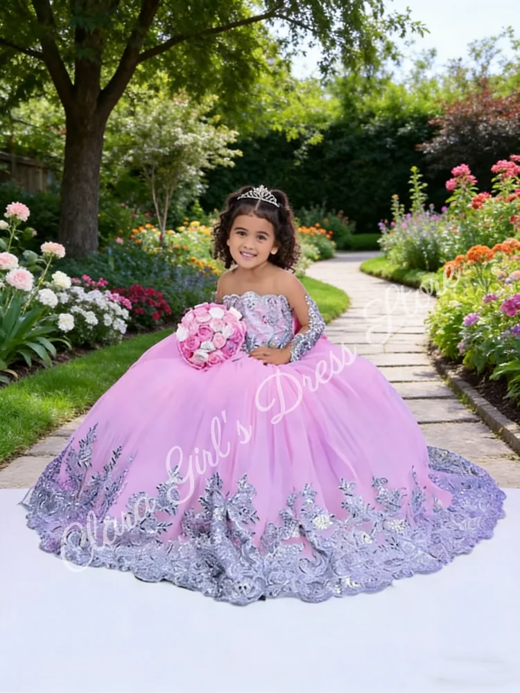 

Gorgeous pink tulle puffy flower girl dress with lace applique long train, suitable for children's weddings, birthday parties, a