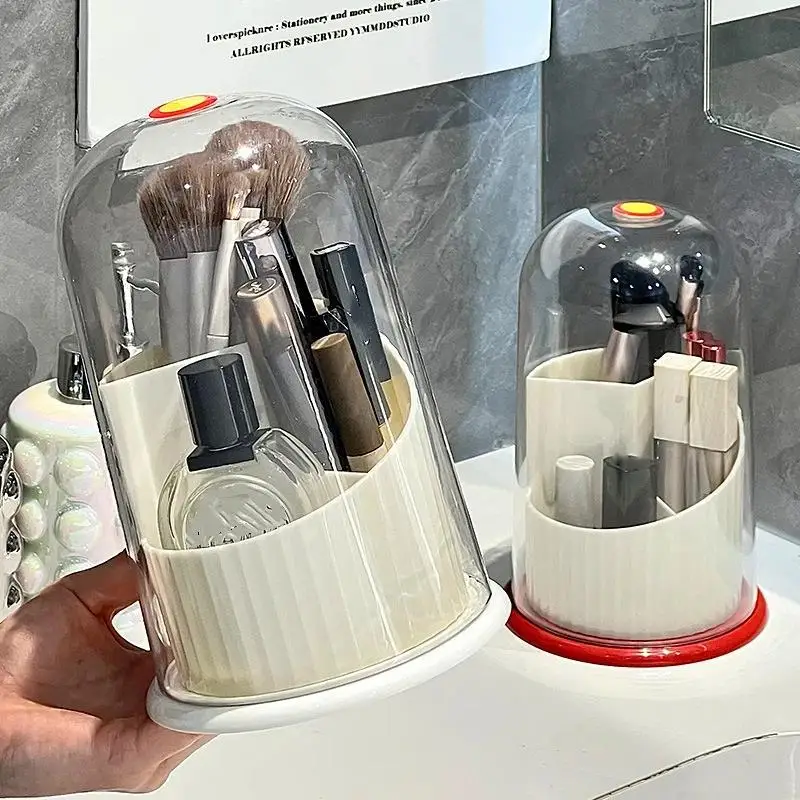 Rotation Makeup Brush Organizer With Dustproof Clear Cover Multiple Slots For Vanity Bathroom Cosmetic Storage