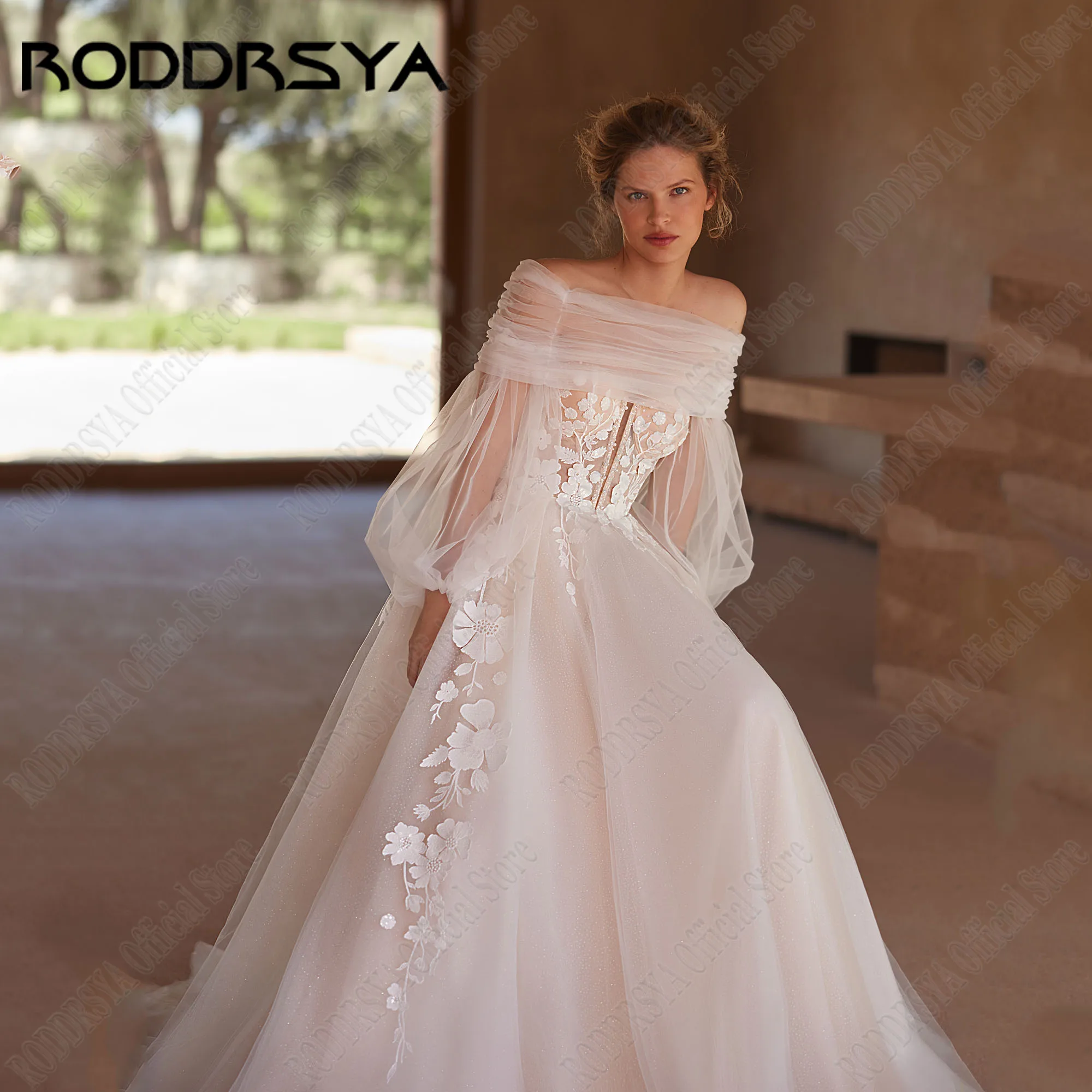 RODDRSYA Sparkling Strapless Wedding Dresses 2024 Bride Puff Sleeves Applique Sequin Beading A-Line Lace Up Robe De Mariée