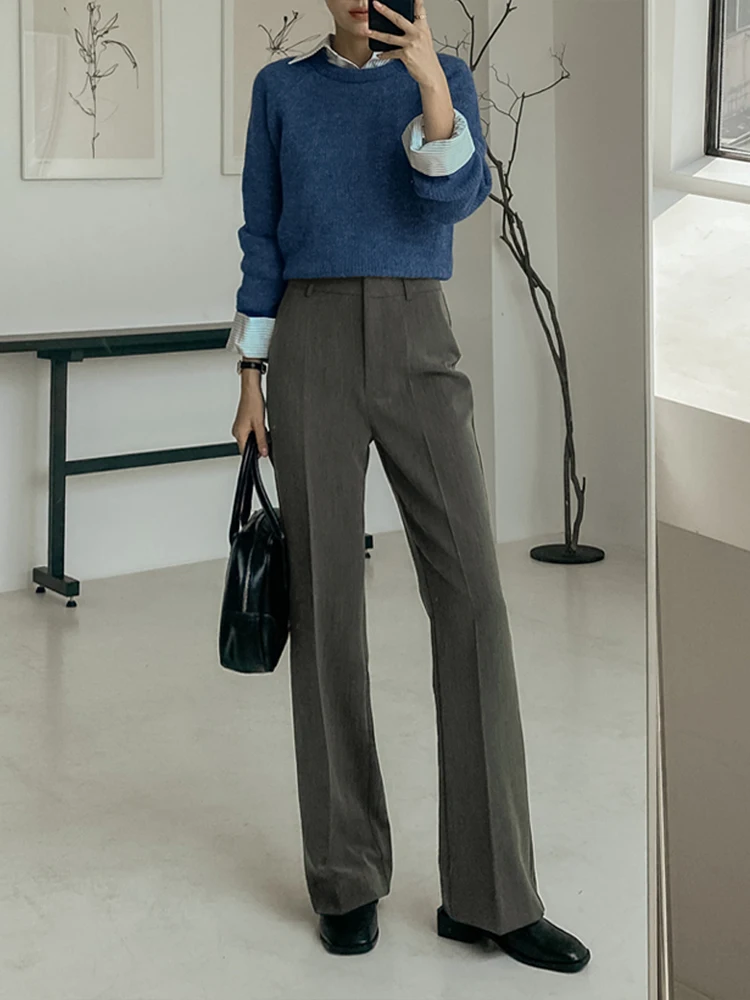 Gray Suit Pants Women's Spring Autumn Thin High Waist Slimming High-End Drape Straight Ice Silk Wide Leg Pants Casual Commute