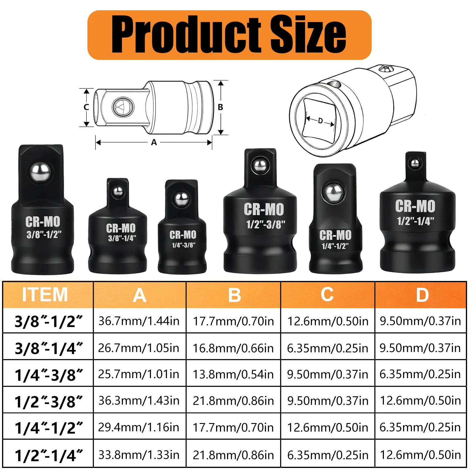 6Pcs Impact Socket Adapter Reducer Set 1/2
