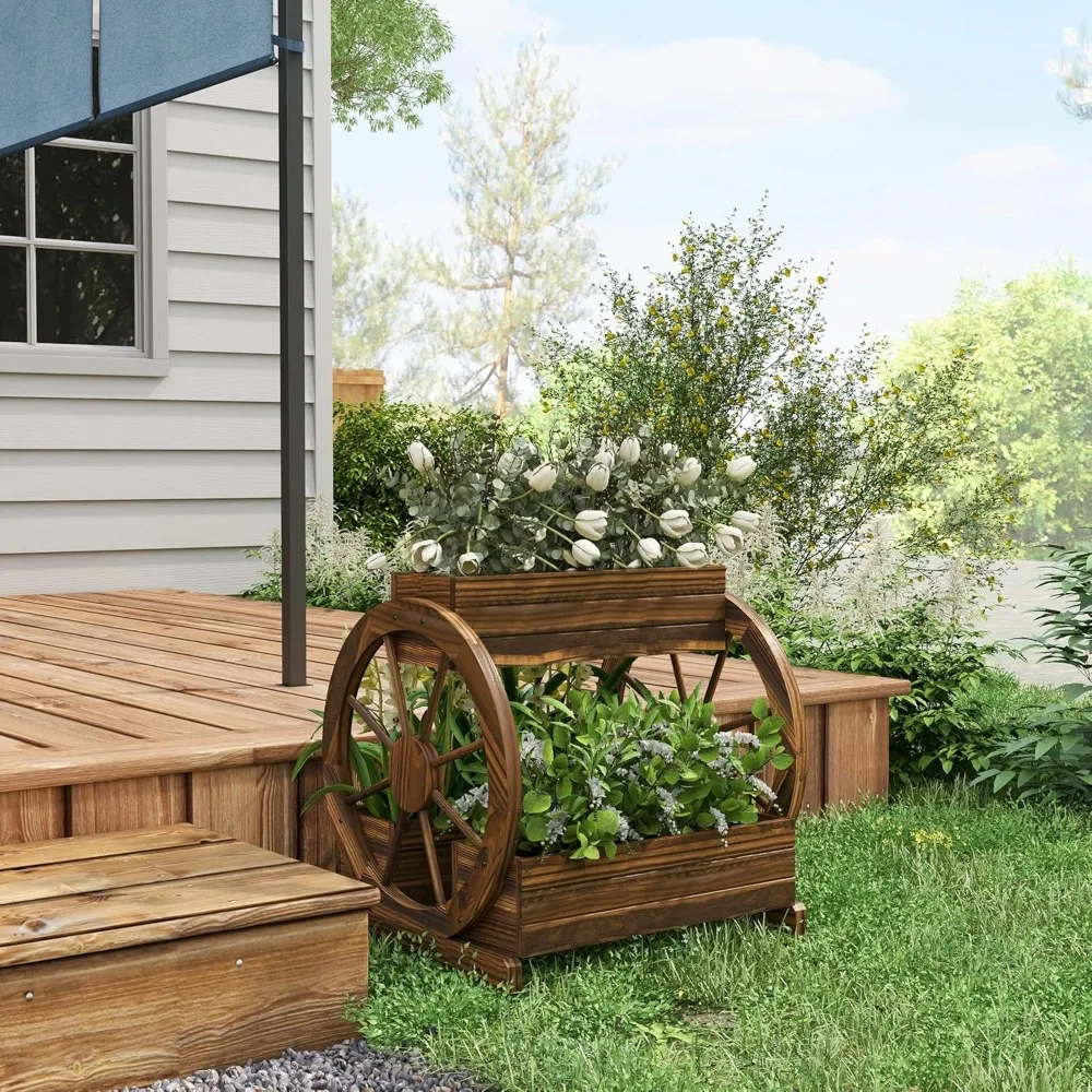 2-Tier Wooden Wagon Planter Box with Drainage Holes for Vegetables Flowers Herbs, 25x21x24 Inches