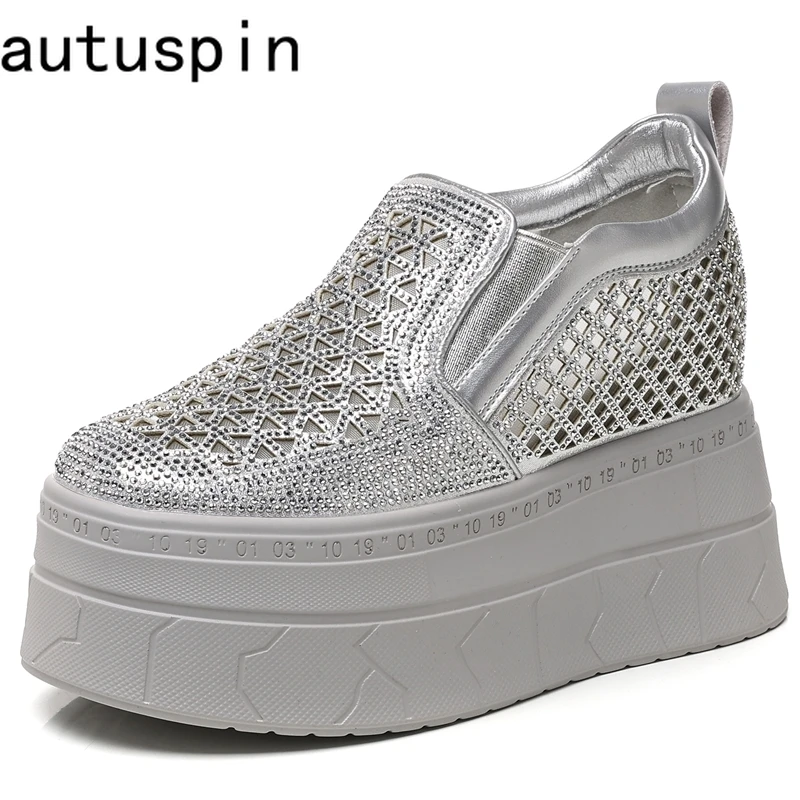

AUTUSPIN 10cm High Platform Chunky Women Breathable Synthetic Leather Crystal Ladies Shoes Summer Fashion Hollow Out Wedge Pumps