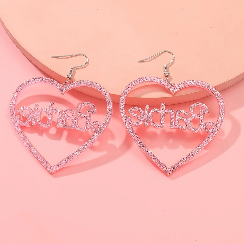 Barbie Earrings Kawaii  Pink Love-shaped Barbie Letter Acrylic Pendant Jewelry for Women Girls Cute Cosplay Jewelry Accessories