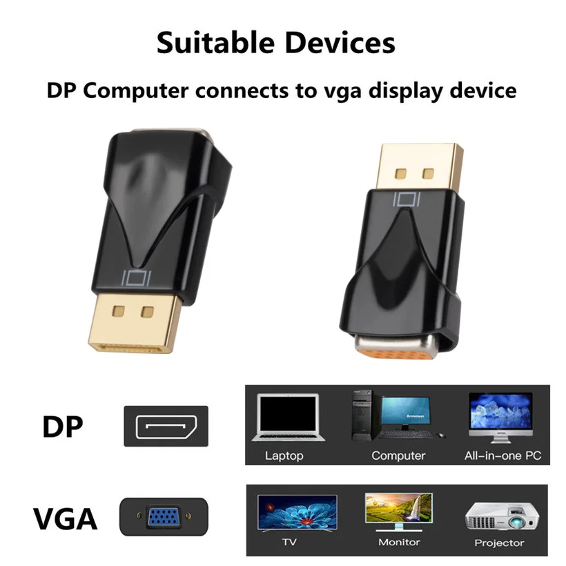 DP to VGA Adapter 1080P DisplayPort Male to VGA Female Converter Adapter For Projector HDTV TV HDVD Laptop DP TO VGA For PC