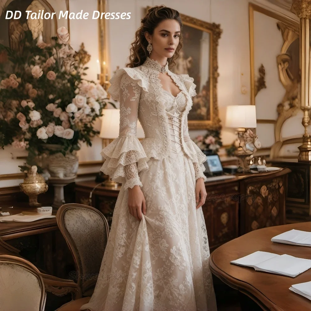 Vestido de baile de renda vitoriana vintage, mangas largas, linha a, vestidos de noite, espartilho, período medieval, vestidos formais personalizados