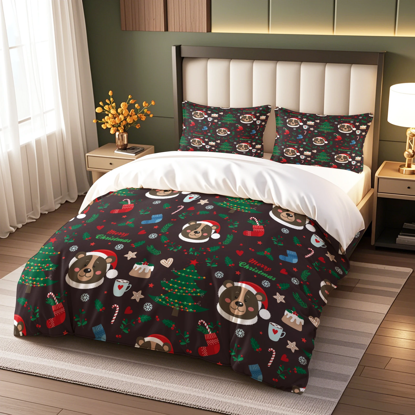 2/3Pcs Cute Christmas Bear Duvet Cover Set, Festive Holiday Pattern with Trees & Stockings, Cozy Winter Bedding, No Duvet Insert