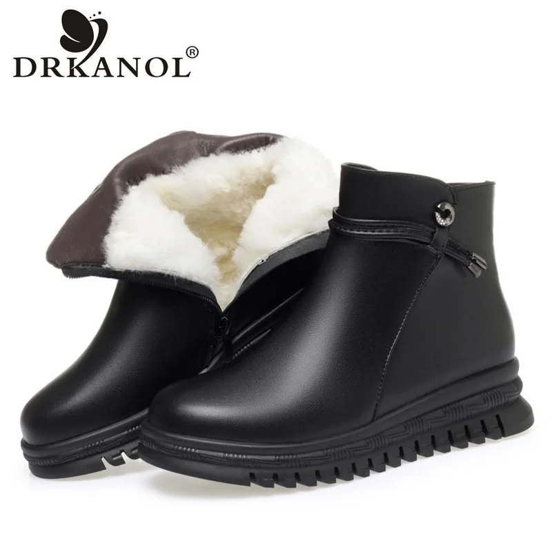 DRKANOL Snow Boots Women Winter Warm Fur Shoes Round Toe Thick Bottom Soft Natural Wool Shearling Ankle Boots For Women Big Size