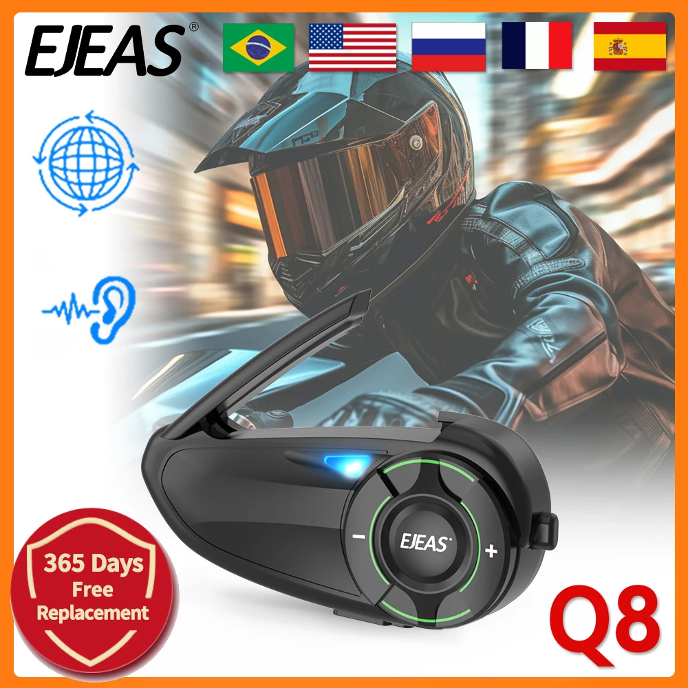 EJEAS Q8 Motorcycle Helmet Intercom 6 Riders Group Intercom Mesh3.0 Technology To Support Channel Switching Bluetooth5.1 Headset