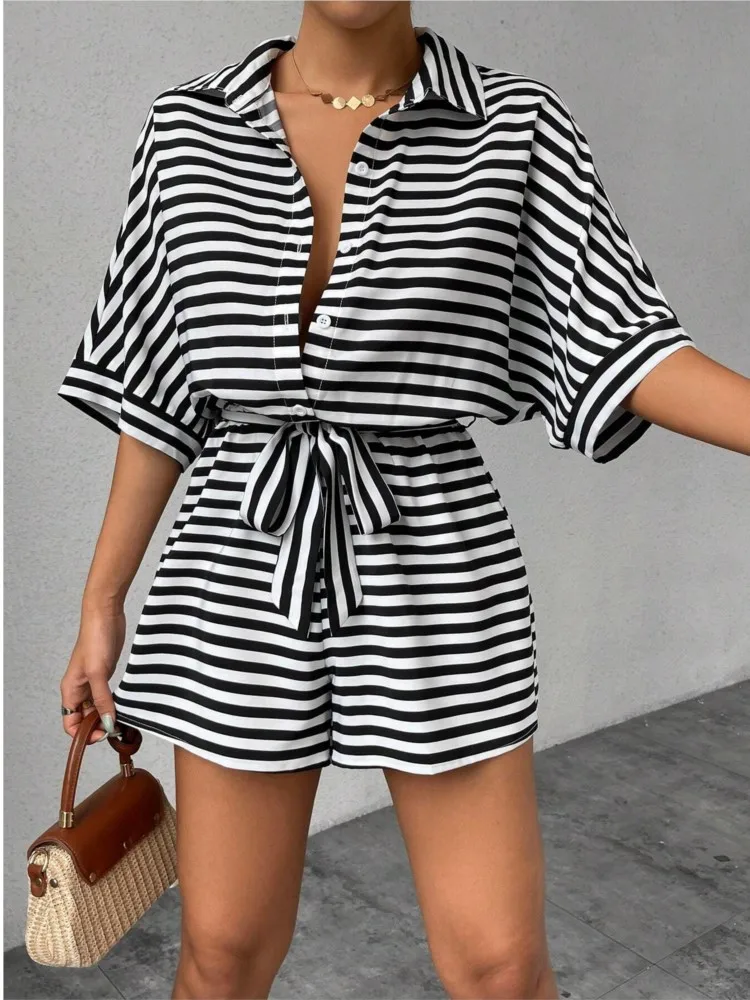 

2025 Summer New Women's Jumpsuits Casual Loose Comfortable Suit Random Striped Batwing Sleeve Front Button Romper Female Outfits