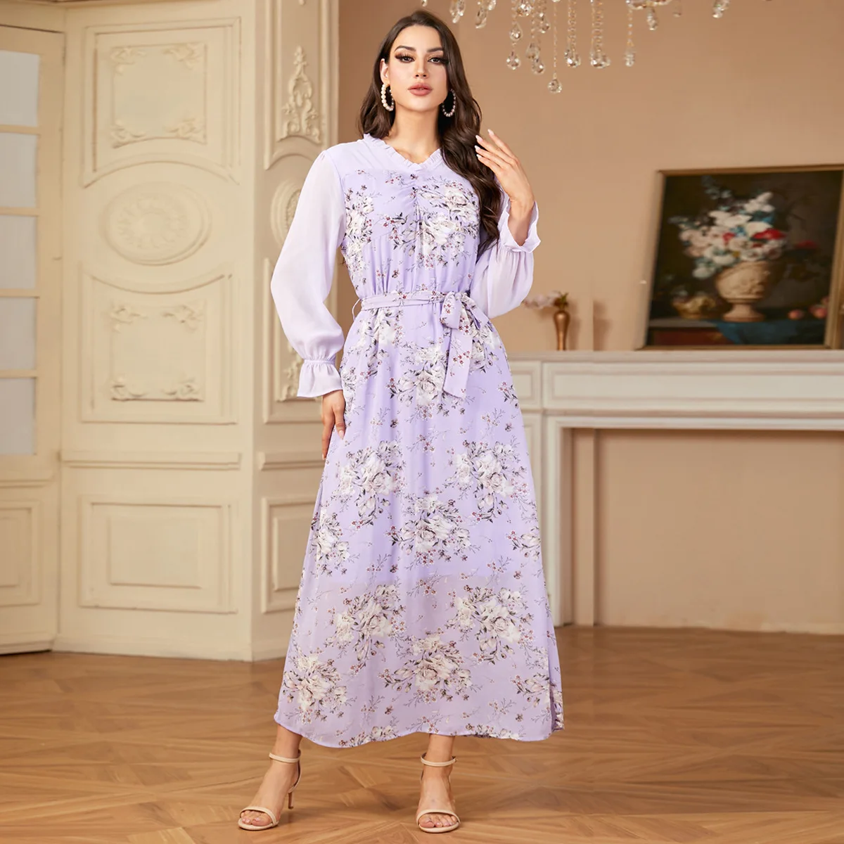 

Floral Print Abayas for Elegant Women Autumn Muslim Maxi Dress Chiffon Islamic Party Dubai Turkey Kaftan Caftan Femme Vestidos