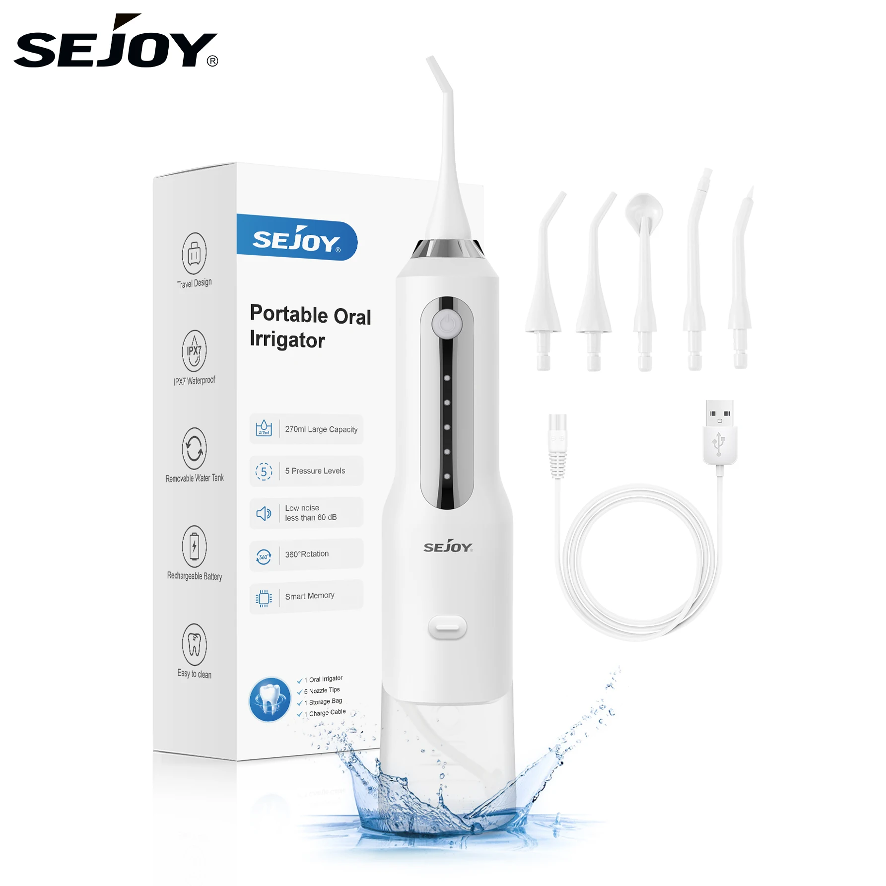 Sejoy Cordless Electric Water Flosser for Teeth Portable Dental Oral Irrigator Rechargeable Water Pick Cleaner for Healthy Gums