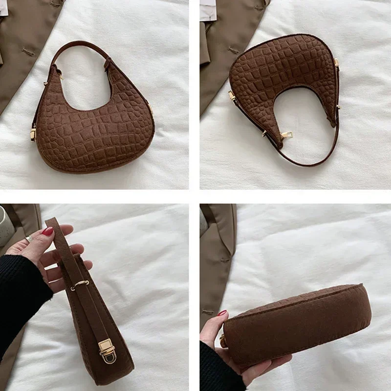 Fashion Vintage Handbags Women's Underarm Bag Korean Casual Solid Dumplings Bag Stone Pattern Felt Zipper Clutch Shoulder Bag