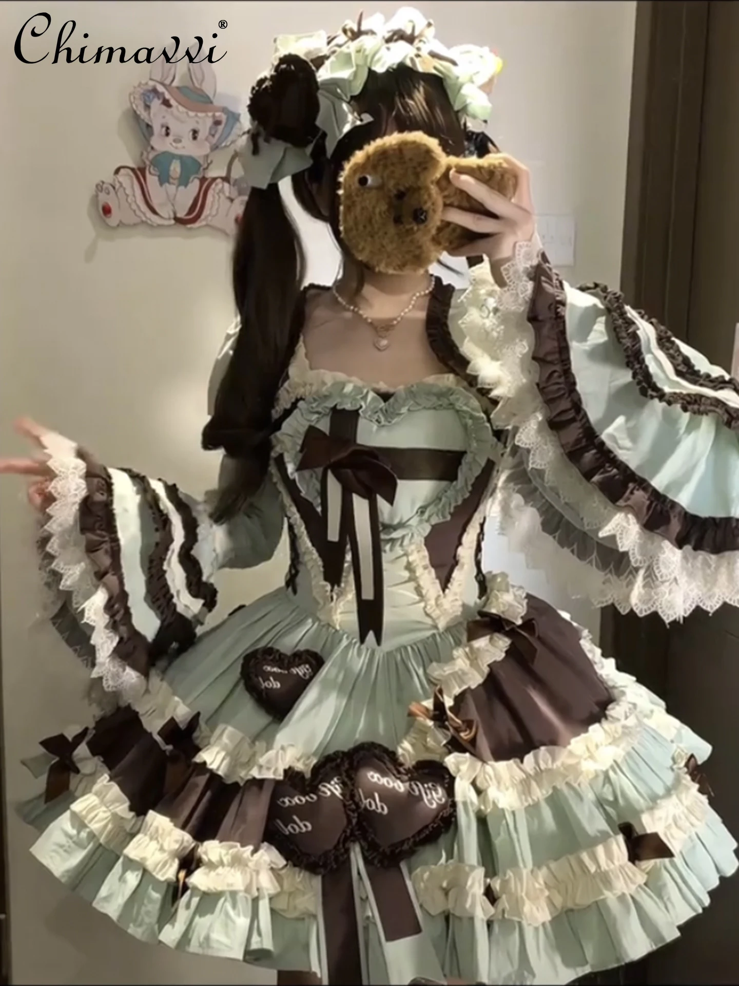 

Mint Chocolate Cute Sweet Lolita JSK Dress Sleeveless Vest Top Set 2025 Autumn Clothes Princess Girl Party Two-Piece Set